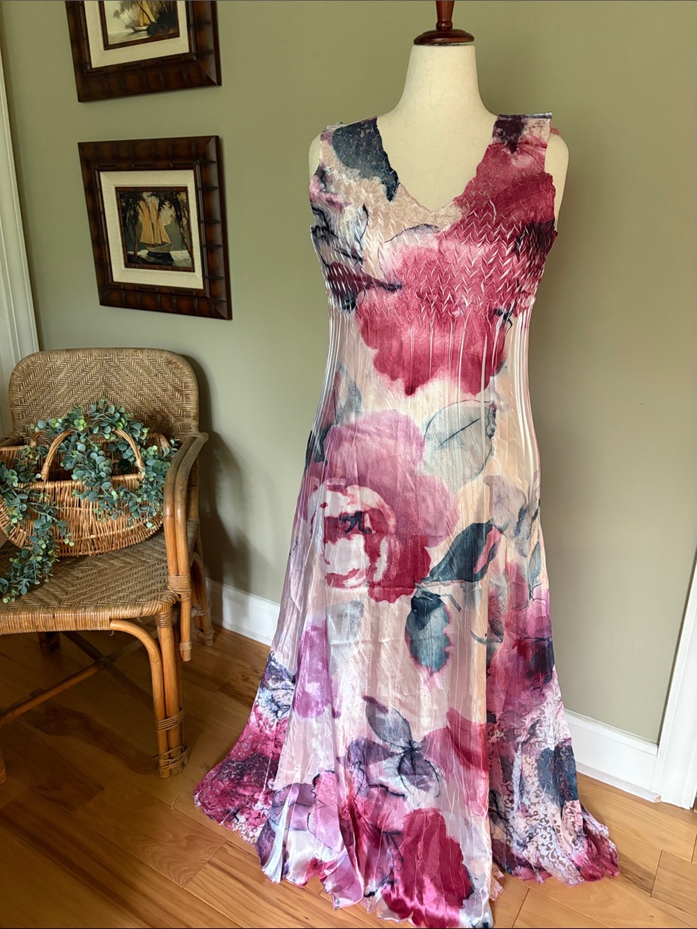 Komarov Pastel Dreams Charmeuse Slipover Maxi Dress in Rose, Pink, Teal, Ivory